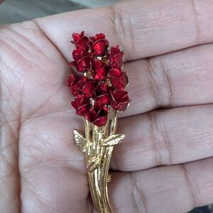 Elegant Red and Gold 12 Roses Floral Brooch